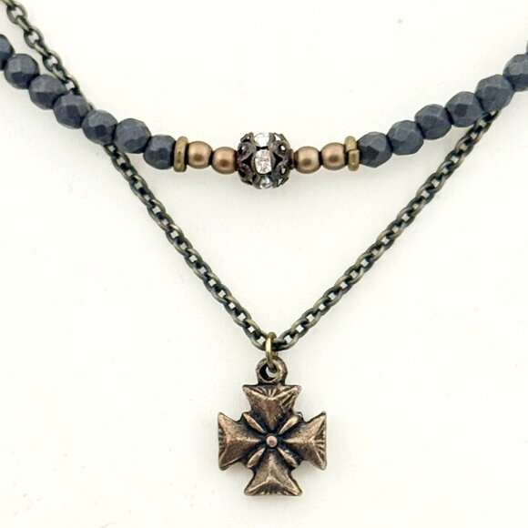 Layered Tiny Maltese Cross Necklace w/Crystal Beads/Rhinestone Accents - Picture 2 of 4